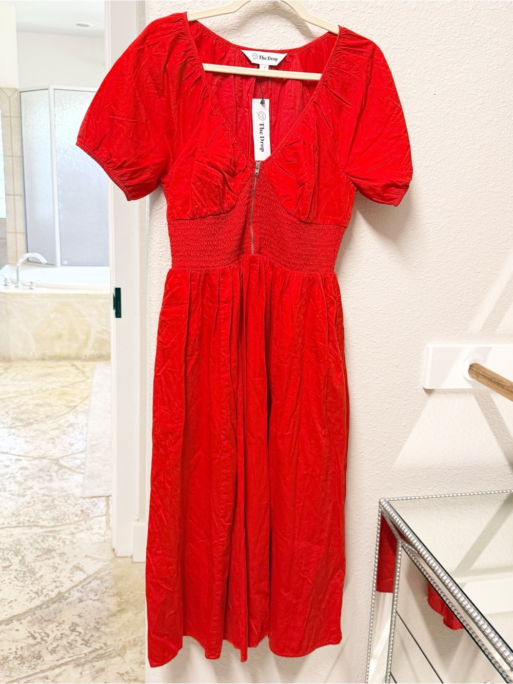NEW The Drop Red V-Neck Smocked Waist Midi Dress Small NWT